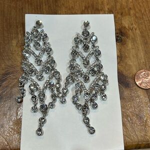 Huge 4 Inch Silver Toned Sparkly Dangly Costume Jewelry Earrings